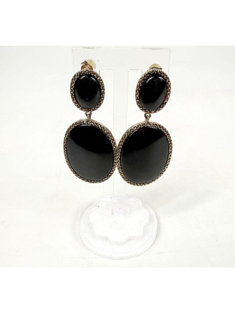 Kanishka Oval Black Onyx Cabochons Marcasite Sterling Silver Drop Earrings